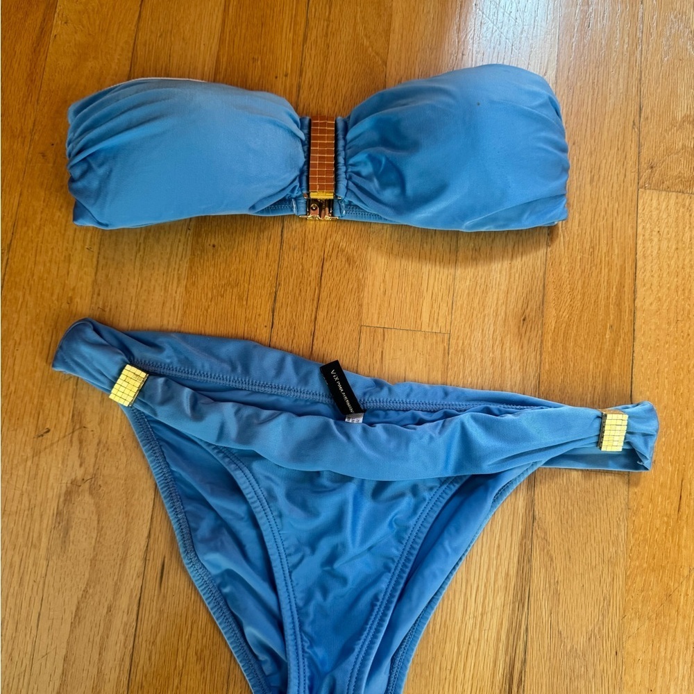 Gold-Accent Sky Blue Bandeau Bikini Set - Picture 5 of 6